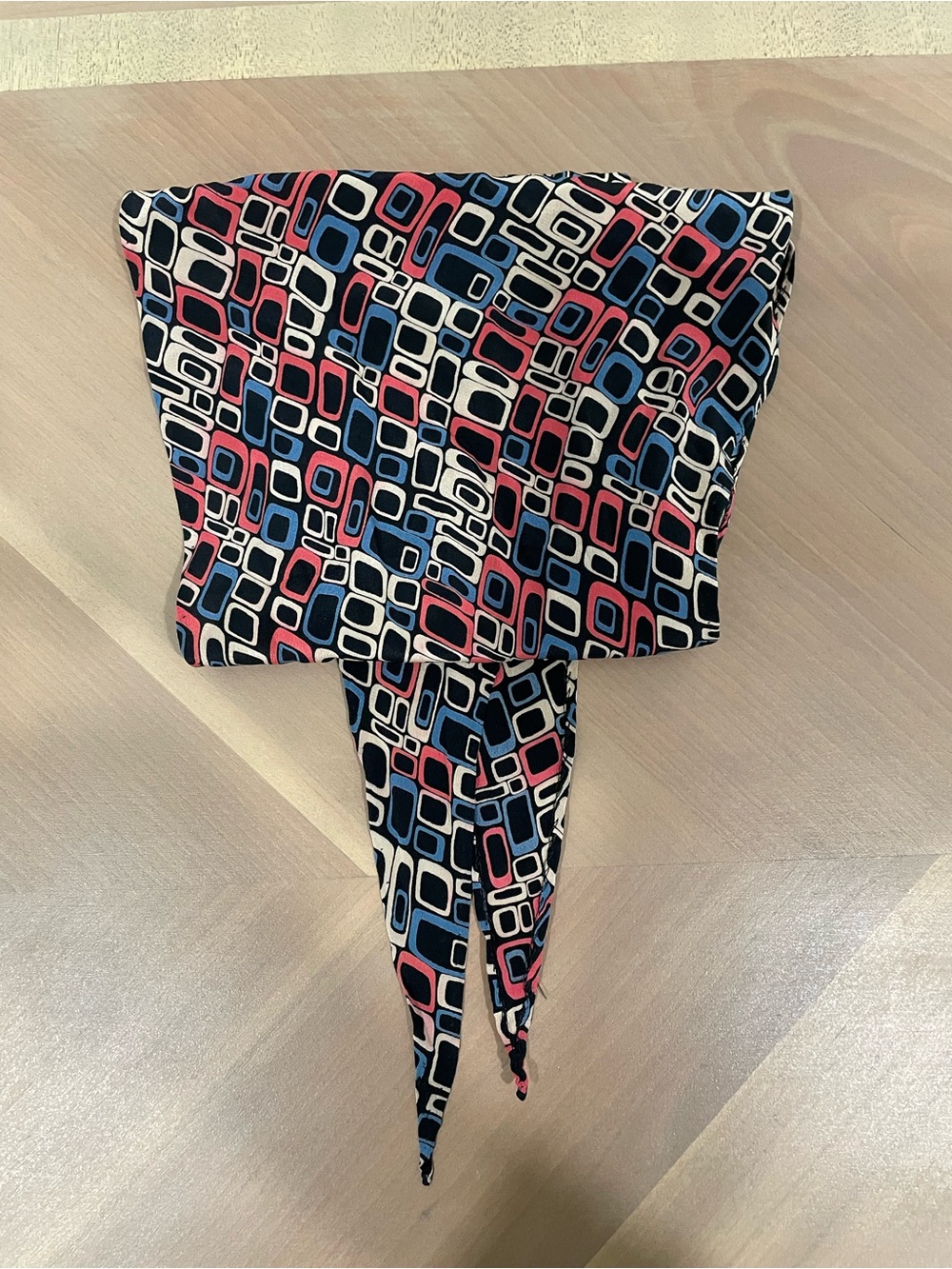 Geometric Print Triangular Scarf - Blue, Black, Coral and Cream